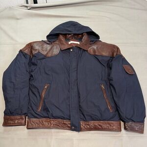 VTG Andrew Marc Men Navy Tartan Blackwatch Leather Trim Goose Down Bomber-L-XXXX